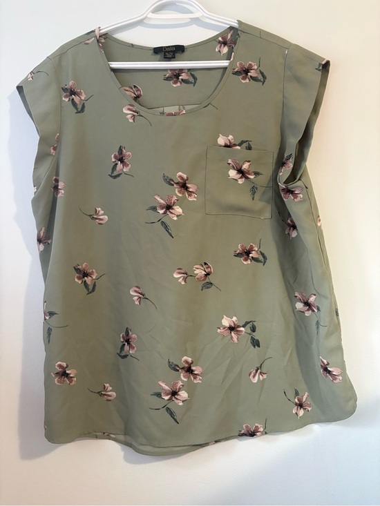 Dalia Tops - Dalia Sage Green Floral Pocket Blouse with Pink Blossoms